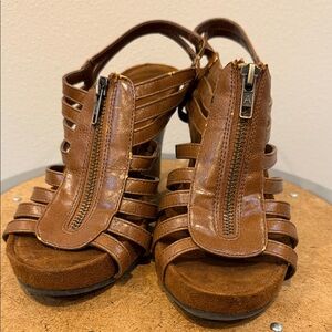 Brown Strappy Zipper Front Women's Wedge Sandals